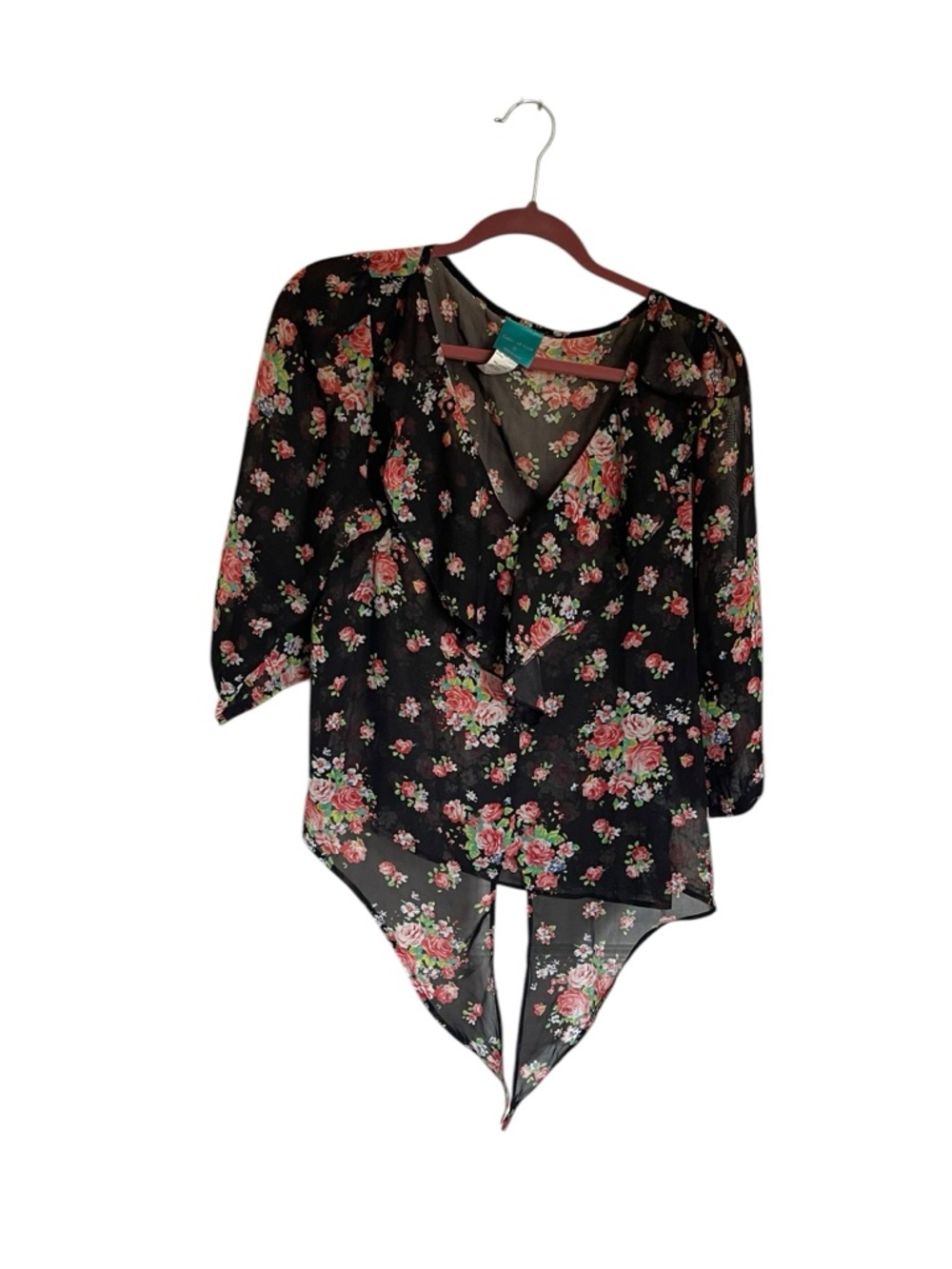 Black Floral V-Neck Handkerchief-Hem Blouse